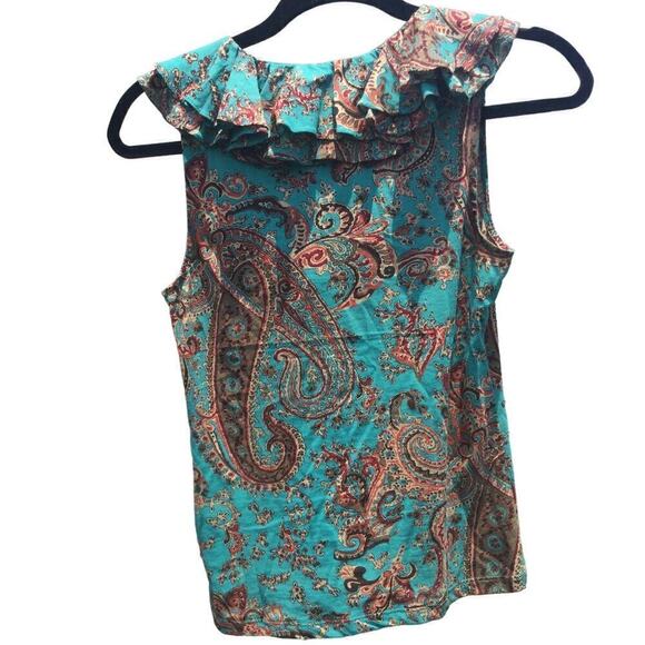 Ralph Lauren womens sleeveless ruffle tank top S teal green paisley southwest - Picture 5 of 6